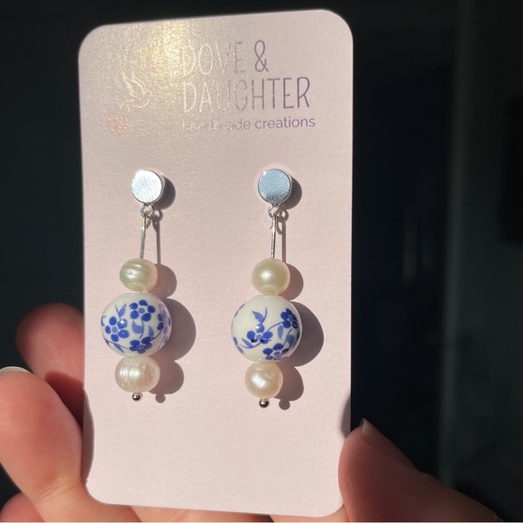 Blue Azul Glass Bead and Freshwater Pearl Hand Crafted Earrings - Picture 7 of 7